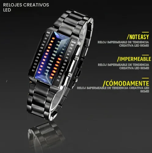 Vista 4 de MASTOP Reloj digital digital para hombre, diseño de matriz binaria creativa, resistente al agua, de acero inoxidable, de plata militar Negro