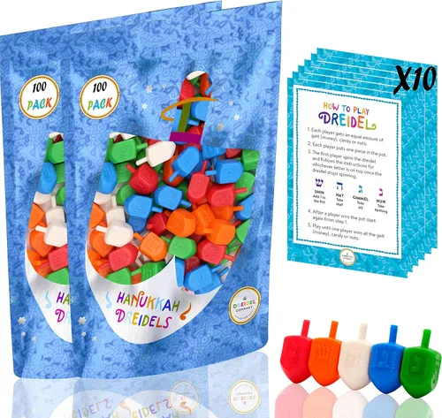 Vista 7 de The Dreidel Company Paquete de 10 Dreidels de Hanukkah de plástico multicolor con transliteración en inglés, incluye tarjetas de instrucciones