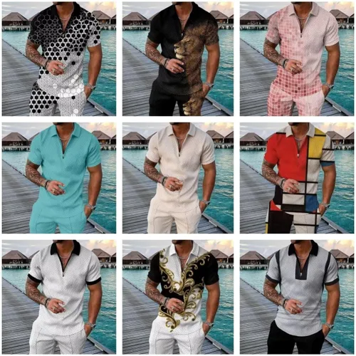 Vista 5 de Conjunto corto de 2 piezas para hombre, camiseta polo, conjunto casual de verano de manga corta y pantalones cortos para hombre