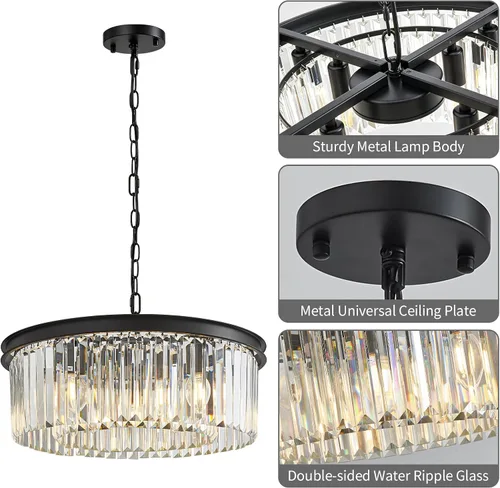 Vista 5 de Lámpara de cristal moderna de 20 pulgadas, lámpara de comedor negra, 8 Cristales negros y transparentes de 2 niveles