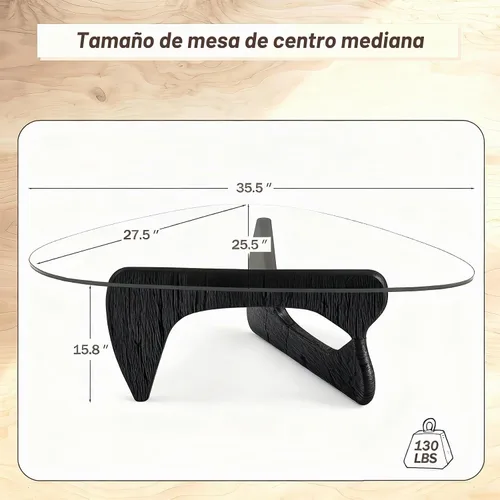 Vista 2 de Mesa de centro moderna para sala de estar, mesa central negra minimalista de 35.8 pulgadas con vidrio templado triangular y patas sólidas