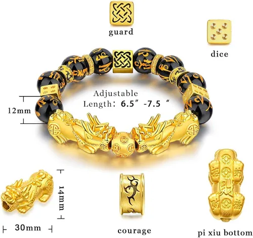 Vista 3 de Feng Shui - Juego de pulsera de obsidiana negra Pi Xiu, pulsera Feng Shui para mujeres y hombres, collar de buena suerte Pi Xiu Feng Shui, Metal,