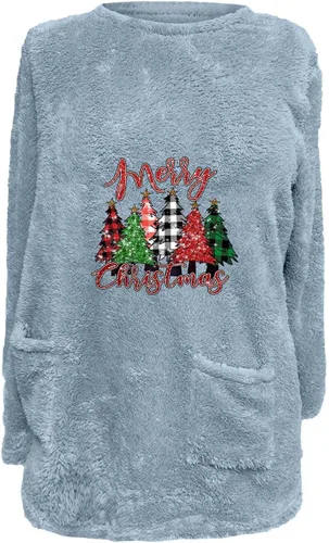 Vista 2 de Sudadera de sherpa para mujer, sudadera de Navidad con cuello redondo, sudadera gráfica de forro polar para invierno