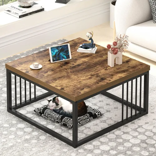 Vista 10 de FOLUBAN Mesa de café, moderna mesa de sala de estar de madera y metal, mesa de té rectangular industrial, marrón rústico, 43.3 pulgadas