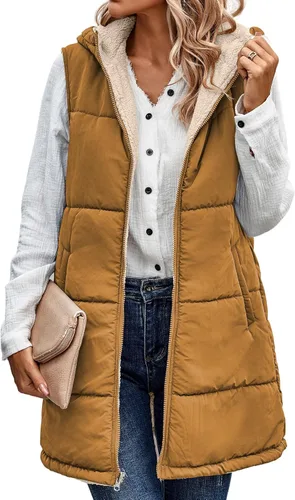 Vista 23 de ECOWISH Chaleco largo acolchado para mujer: chaqueta de forro polar reversible con cremallera para otoño 2025, abrigo de invierno cálido sin mangas