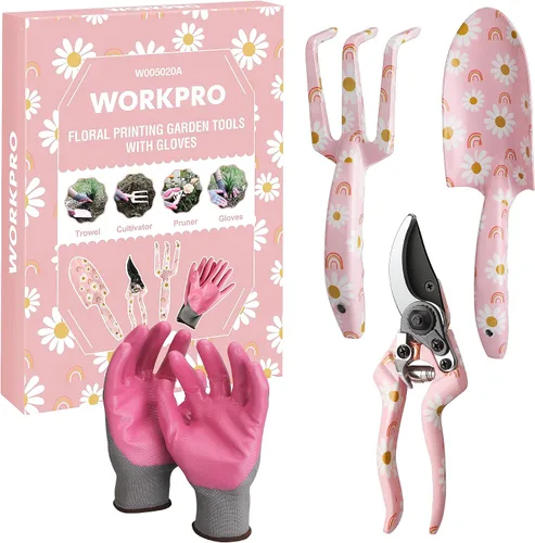 Vista 14 de WORKPRO Juego de herramientas de jardín de aluminio, 4 piezas de herramientas de jardín de mano resistentes con caja que incluye paleta, rastrillo