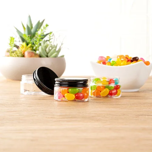 Vista 3 de Restaurantware RW Base Tarros de caramelo de 1 onza 10 recipientes de almacenamiento de cocina duraderos – Tarros redondos herméticos de plástico