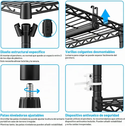Vista 5 de Perchero E10 (Con Barra Colgante Extensible) Percheros Independientes para Colgar Ropa, Sistema Organizador de Armario Ajustable, Perchero Portátil