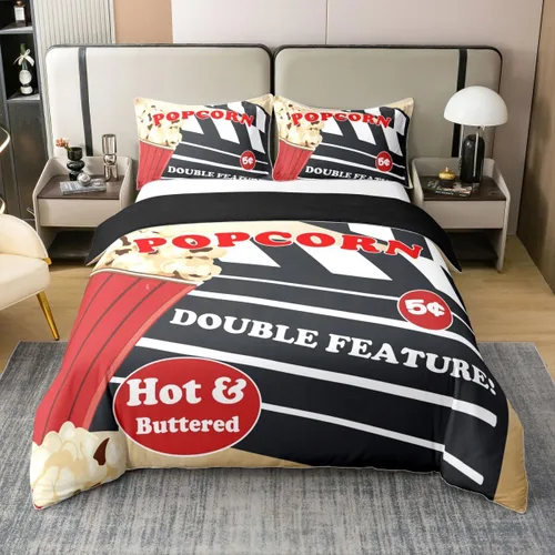 Vista 10 de Homewish Theater Cinema Poster 100% Cotton Duvet Cover Twin Size,Retro Movie Bedding Set 2Pcs for Kids Girls Boys Room Decor,Popcorn Comforter Cover