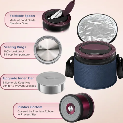 Vista 3 de MAXSO Termo de sopa para comida caliente, contenedor de almuerzo aislado al vacío de 24 onzas con cuchara plegable y bolsa térmica, caja Bento