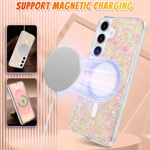 Vista 340 de Bonoma - Funda compatible con Samsung Galaxy S21 Plus, diseño de corazón con purpurina, color rosa Support for MagSafe, Plating Magnetic Case TPU