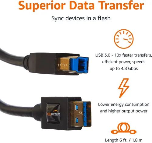 Vista 2 de Amazon Basics Cable USB-A a USB-B 3.0, 4.8Gbps de alta velocidad con enchufes chapados en oro, 6 pies, negro