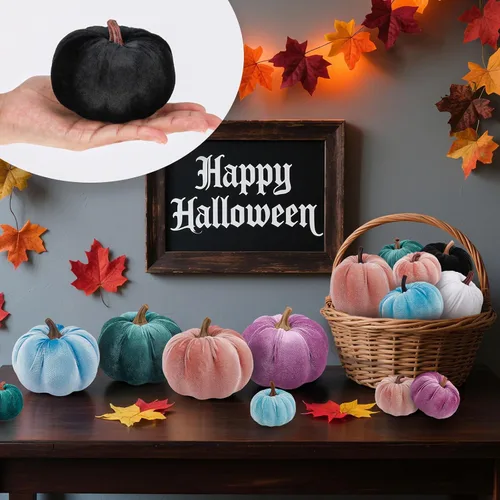 Vista 4 de Juego de 12 calabazas artificiales de terciopelo para Halloween, tela de cocina sintética de cosecha de otoño, espuma de granja, porche, mesa