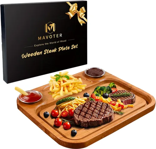 Vista 11 de MAVOTER Tabla de Bistec de Madera de Acacia - Plato de Bistec Tabla de Cortar con Tenedor, Cuchillo y Ramequines Tabla de Servir de Madera para el 1
