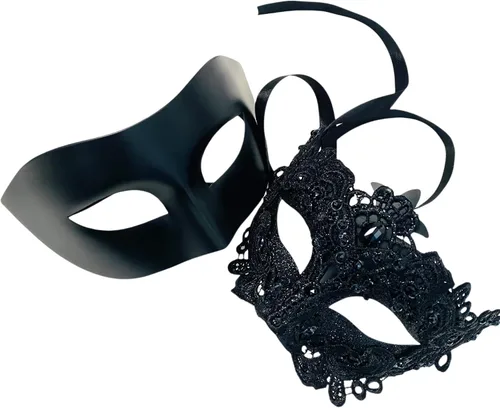 Vista 2 de Par de máscaras de encaje brocado para mascarada, Mardi Gras, cumpleaños, graduación, boda, fiesta
