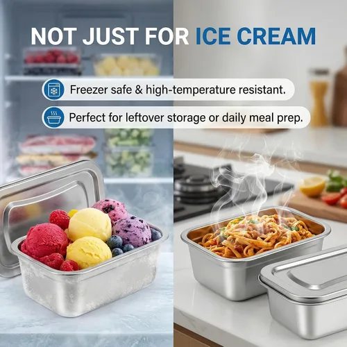 Vista 6 de Hemoton Recipientes de almacenamiento de helado reutilizables con tapas, caja de acero inoxidable para congelador, tina de helado aislada