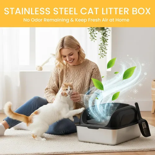 Vista 3 de Simple Deluxe Caja de arena XL para gatos de acero inoxidable con tapa, bandeja de arena de metal de alta cara para gatos grandes, a prueba