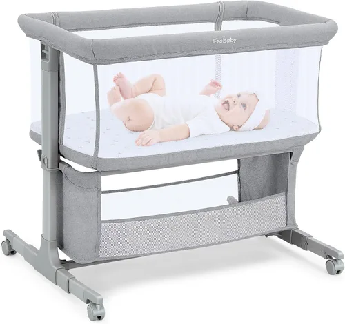 Vista 8 de Ezebaby Cuna junto a la cama para bebé, moisés portátil junto a la cama para recién nacidos con ruedas, cesta de almacenamiento, ajustable a 7 Gris