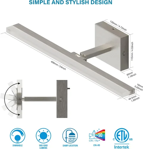 Vista 3 de ZAGO Lámpara de tocador de baño de 24 pulgadas sobre el espejo, LED moderna y rotacional montada en la pared, ajustable, cableada, con cable