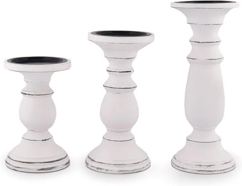 Vista 3 de Samhita Juego de 3 candelabros de madera - Candelabro decorativo tallado a mano para sala de estar o centro de mesa