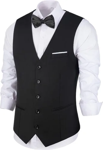 Vista 6 de Mrbuerly Chaleco de traje para hombre, chaleco de esmoquin para boda, chaleco formal con cuello en V