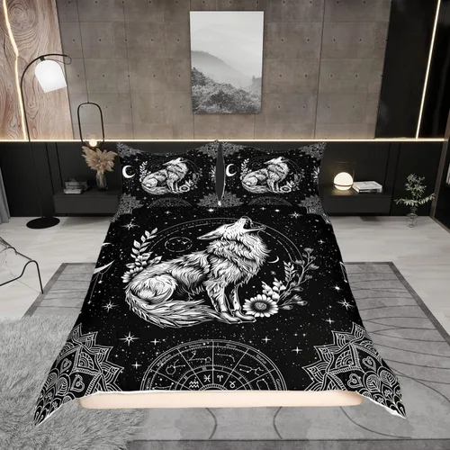 Vista 8 de Juego de ropa de cama de animales de gato misterioso, bohemio, exótico, tribal, abstracto, arte abstracto, juego de funda de edredón para decoración