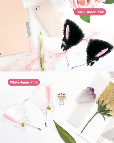 Vista 9 de Fox Cat Ears Anime Cosplay - Diadema de lobo de animales, diadema de Halloween, accesorios de disfraz con campanas