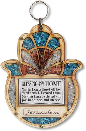 Vista 6 de Bendición Hamsa de madera para el hogar - Decoración de pared de buena suerte con piedras preciosas de imitación (Bendición del hogar)