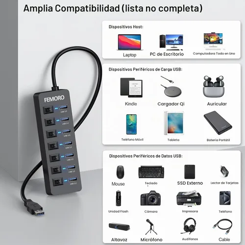 Vista 6 de Hub USB 3.0 alimentado, 7 puertos de datos y 1 puerto de carga, cable de 4