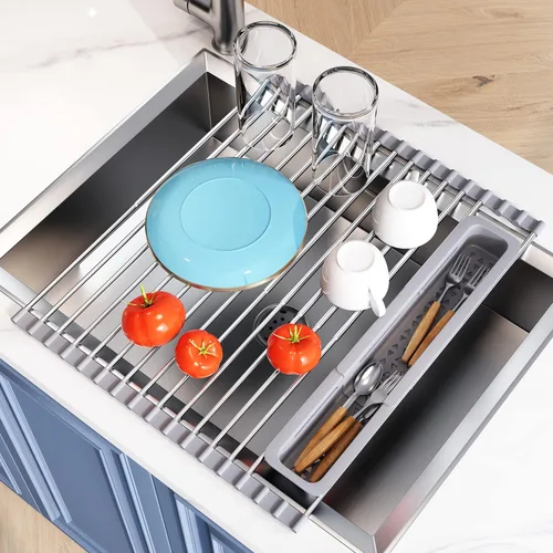 Vista 19 de Estante de secado de platos sobre el fregadero, expandible, pequeño, negro, escurridor para secar para la encimera de la cocina, metal de acero