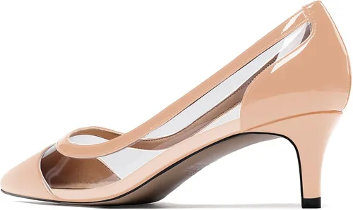 Vista 7 de WAYDERNS Zapatos de tacón bajo para mujer, patente transparente transparente de PVC sólido gatito, zapatos de tacón bajo de 2 pulgadas