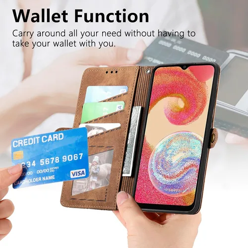 Vista 6 de Asuwish Funda de teléfono para Samsung Galaxy A04e Funda tipo cartera con protector de pantalla de vidrio templado y correa para la muñeca de cuero