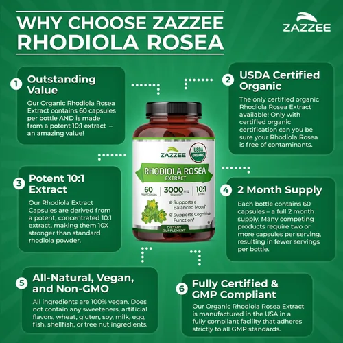 Vista 7 de Zazzee Extracto orgánico de Rhodiola 10:1 USDA, 60 cápsulas, suministro