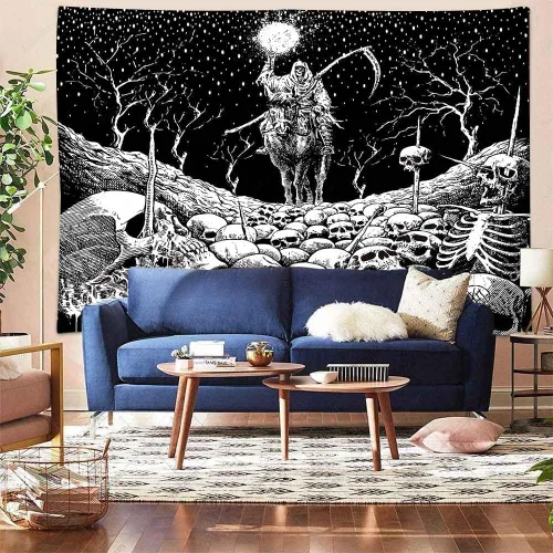 Vista 5 de Aidatain Grim Reaper - Tapiz de calavera de muerte de esqueleto para colgar en la pared de los hombres, para dormitorio, fantasía, tela de franela