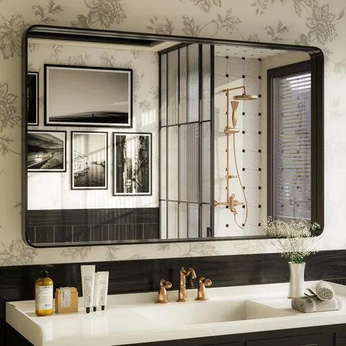 Vista 36 de ISKM Espejo con marco negro para pared de 20 x 16 pulgadas, espejo de tocador de baño antioxidante, vidrio templado, espejo rectangular redondeado