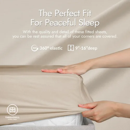 Vista 3 de Threadmill Juego de sábanas de rayón de bambú para cama de tamaño matrimonial, 4 piezas refrescantes color beige, suaves como la seda, ligeras