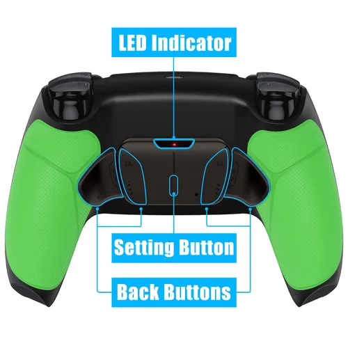 Vista 6 de eXtremeRate Black Real Metal Buttons (RMB) Version RISE4 Remap Kit for PS5 Controller BDM-030 with Green Rubberized Grip Redesigned Black Back