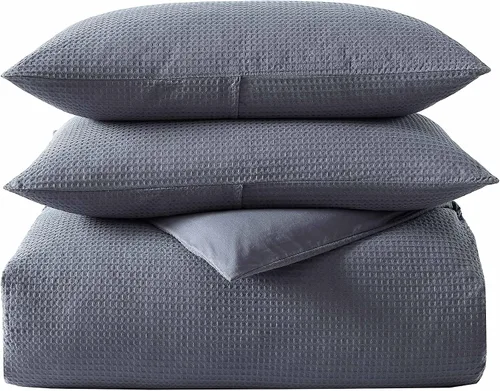 Vista 12 de Vera Wang - Juego de funda de edredón tamaño Queen, ropa de cama de algodón suave con fundas de almohada a juego, cierre de botón y lazos interiores