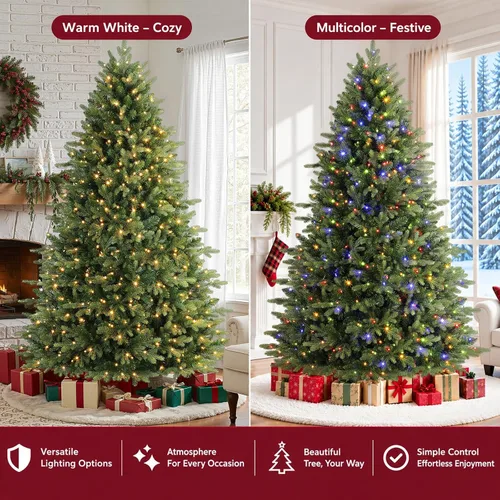 Vista 4 de Alupssuc - Árbol de Navidad artificial preiluminado de abeto con bisagras 250 luces blancas cálidas y multicolor, control remoto, 1393 puntas