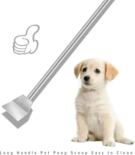 Vista 5 de Recogedor de excrementos de acero inoxidable resistente, pala grande con mango largo, pala de 33.4 pulgadas para residuos de mascotas, limpieza