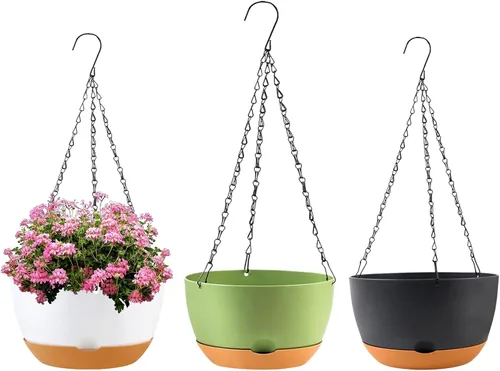 Vista 13 de KPUVX Maceta Colgante de 10 Pulgadas, Macetas de Riego Automático para Plantas de Interior, Paquete de 3 Cestas Colgantes de Plástico con Bandeja