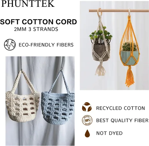 Vista 7 de PHUNTTEK Cordón de macramé de 0.079 in x 590 yardas, 18 rollos de cuerda de algodón natural, 3 soportes de cuerda de yute, cuerda suave, hilos