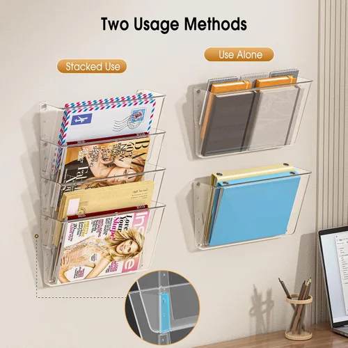 Vista 2 de MaxGear - Paquete de 4 bolsillos de acrílico transparente Plastic Wall File Holder, Clear Wall Mounted File Organizer, Mail Organizer for Home
