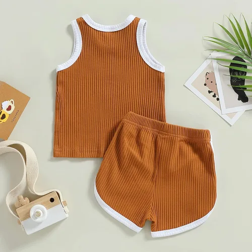 Vista 6 de Hoanselay Conjunto de pantalones cortos de verano para bebé, niña, niño, camiseta sin mangas y pantalones cortos casuales, conjunto de 2 piezas