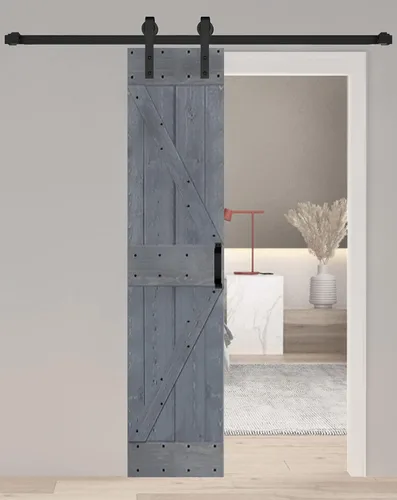 Vista 29 de Serie K. Puerta corredera de granero de madera maciza acabada con kit de herrajes (marrón/nogal, 24 x 84 pulgadas)