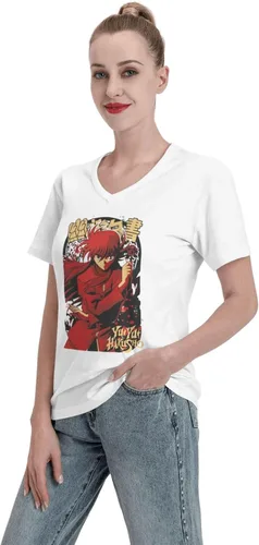 Vista 4 de Anime T Shirt Yuyu Hakusho Yoko Kurama Female V Neck Tee Summer Fashion Short Sleeves Clothes White