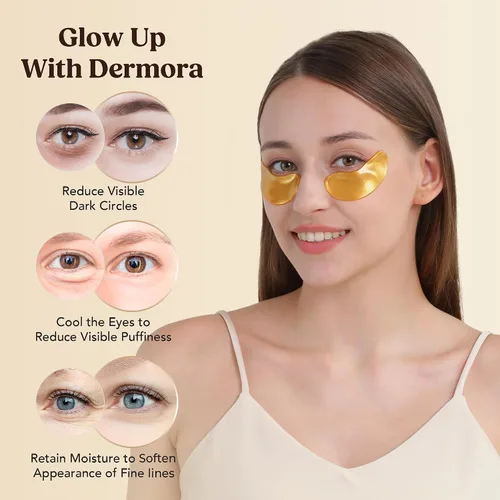 Vista 3 de DERMORA Parches de Resplandor Dorado para Debajo de los Ojos Tratamiento Rejuvenecedor Ojeras, Ojos Hinchados, Refrescante, Revitalizante