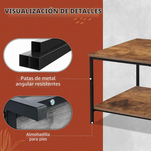 Vista 5 de SENIG Mesa de café pequeña rectangular marrón de madera y metal con estante de almacenamiento para salas de estar pequeñas