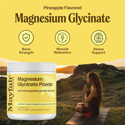 Vista 4 de Suplemento en polvo de glicinato de magnesio, con Ashwagandha y musgo marino irlandés, apoya la fuerza ósea y la relajación muscular, 30 porciones
