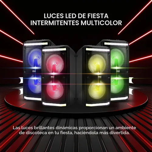 Vista 4 de Pyle Altavoz Bluetooth y sistema de megafonía – Sistema de karaoke estéreo portátil con micrófono con cable, luces LED integradas, lectores